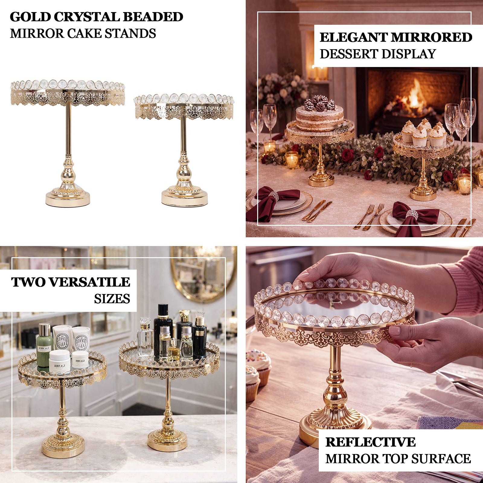 Gold crystal beaded cupcake stands with mirror tops, 11" and 13" sizes.