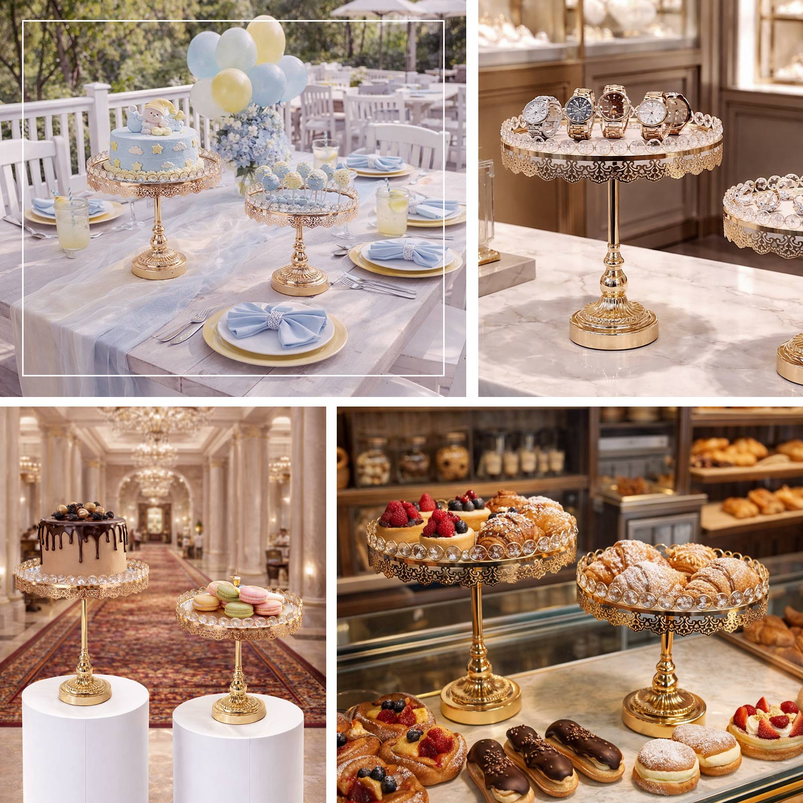 Gold crystal beaded dessert stands with mirror tops, perfect for displaying treats.