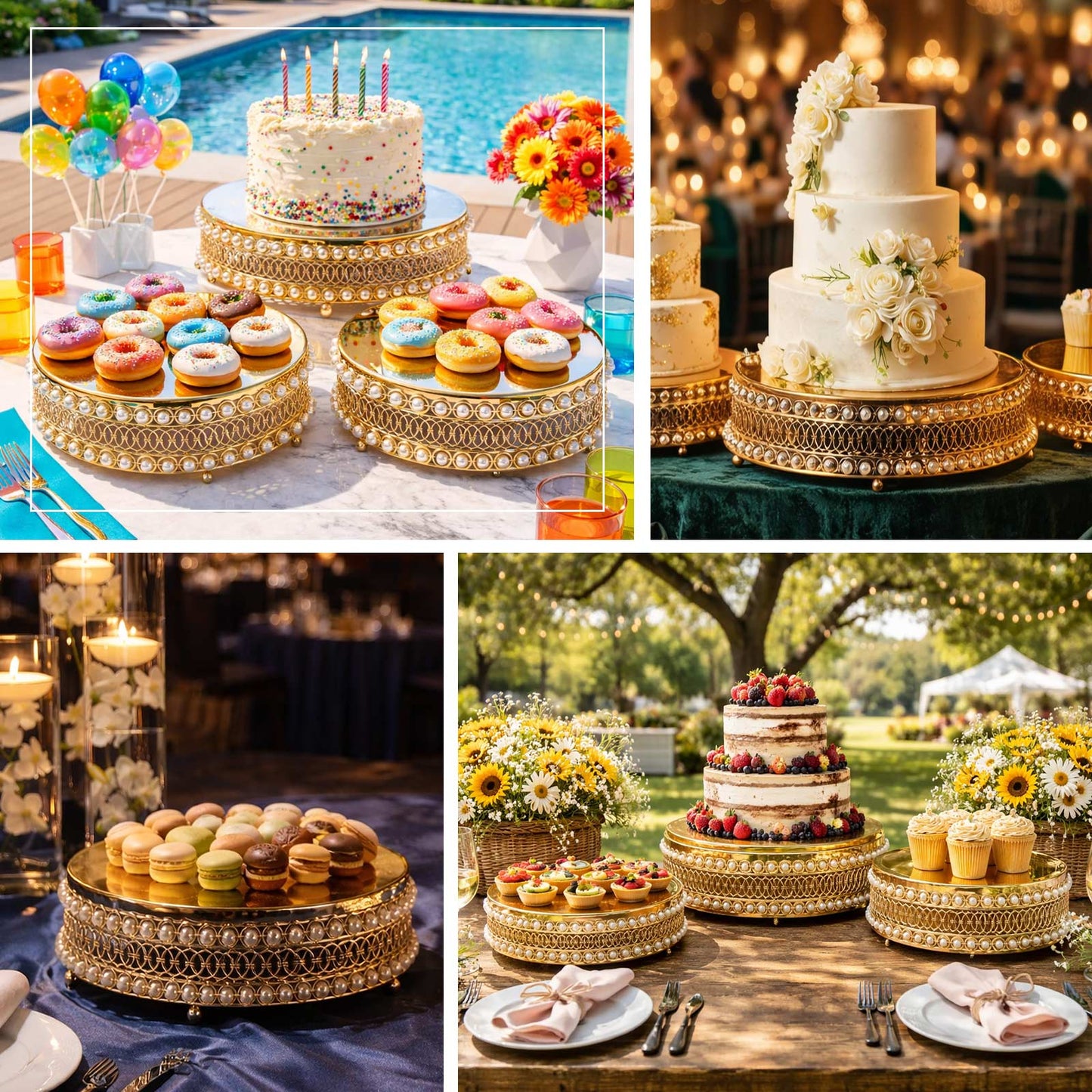 Gold pearl beaded cake stands with mirror tops for dessert display.