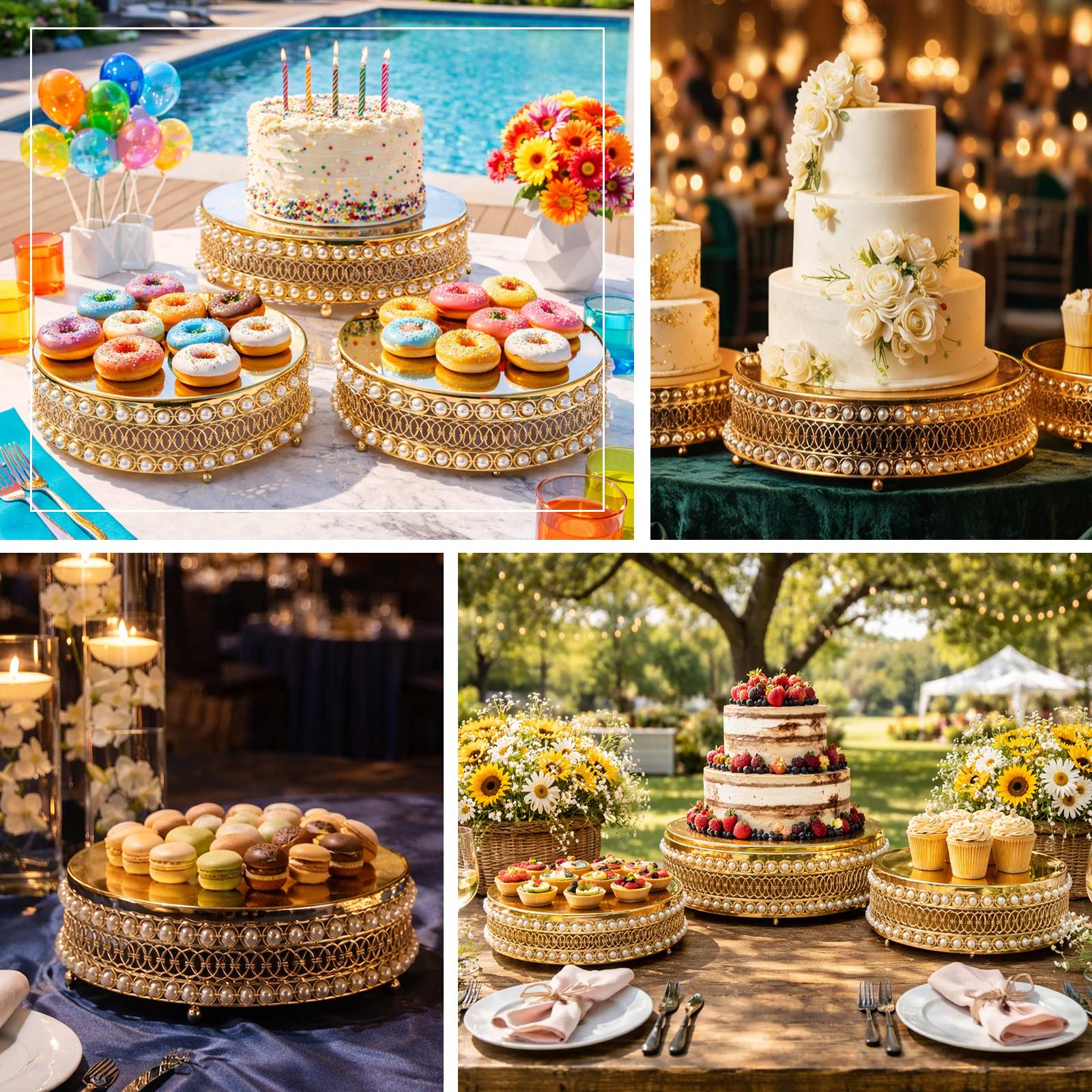 Gold pearl beaded cake stands with mirror tops for dessert display.