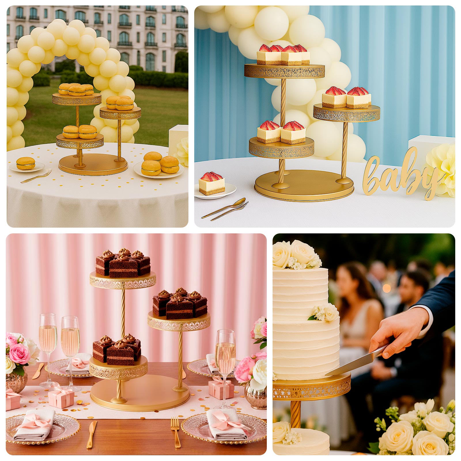 Gold 3-tier cake stand with hollow lace design displaying desserts.
