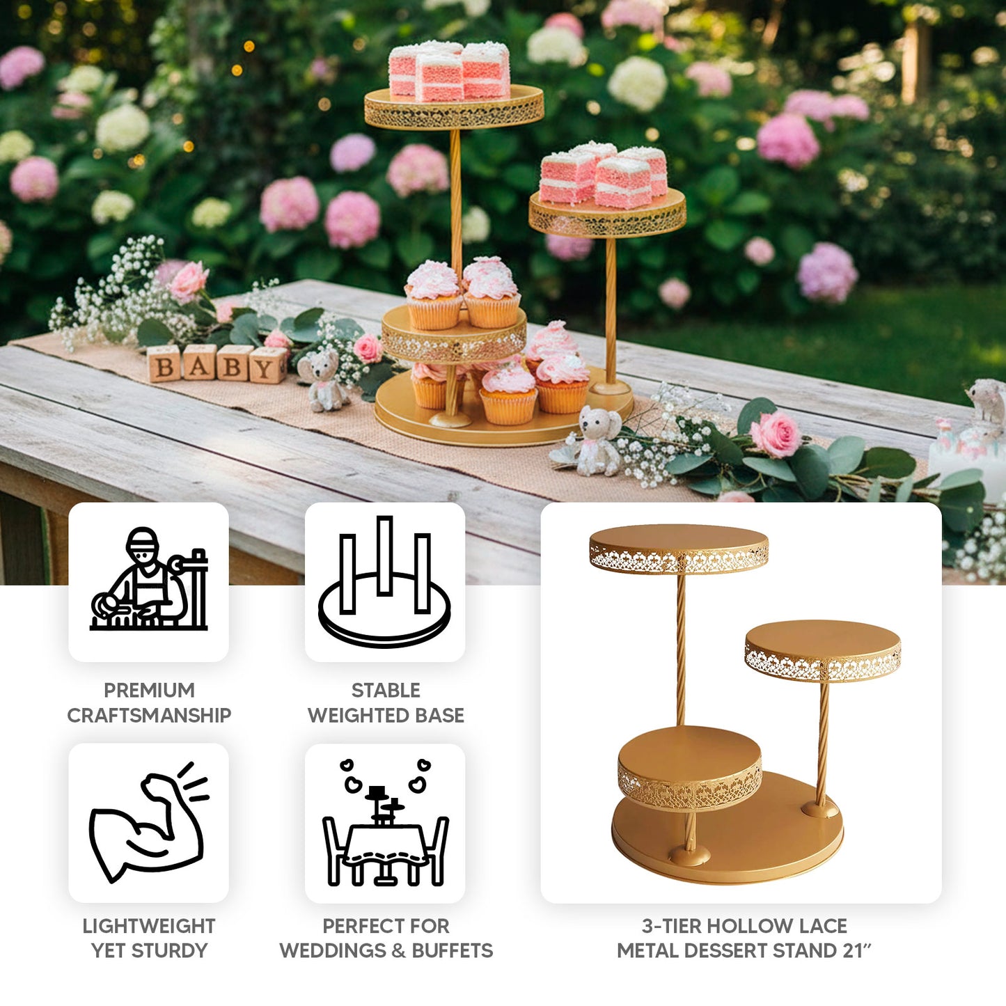 3-Tier gold metal cake stand with hollow lace design for cupcakes and desserts.