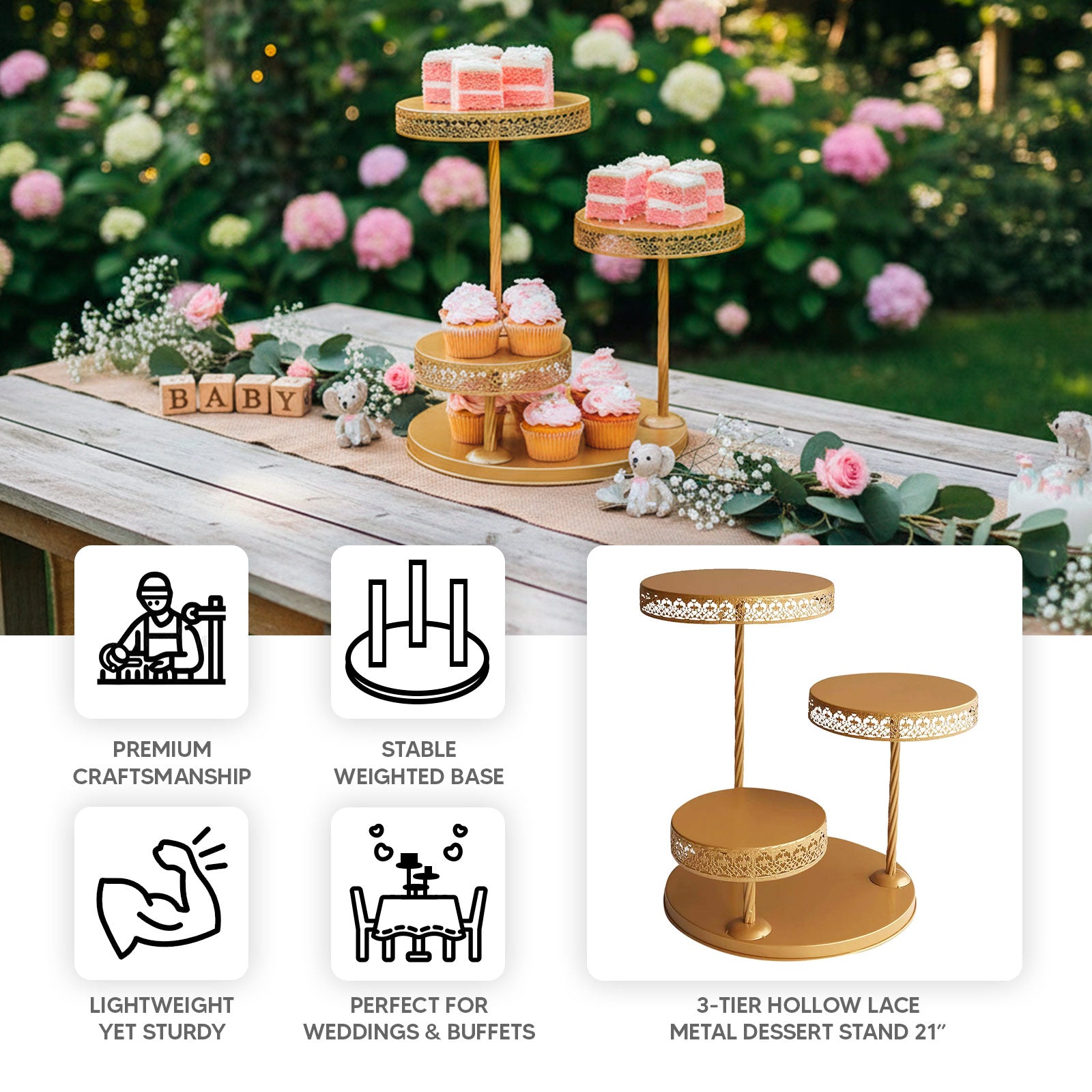 3-Tier gold metal cake stand with hollow lace design for cupcakes and desserts.
