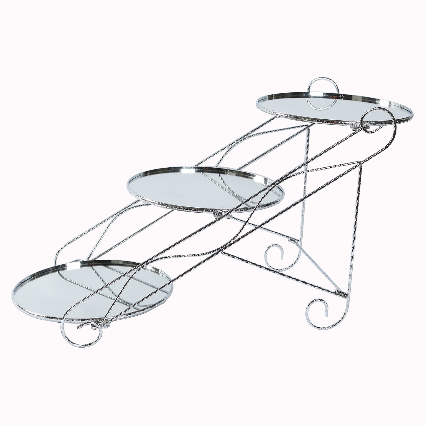 Silver 3-tier cascading cupcake stand with round mirror trays.
