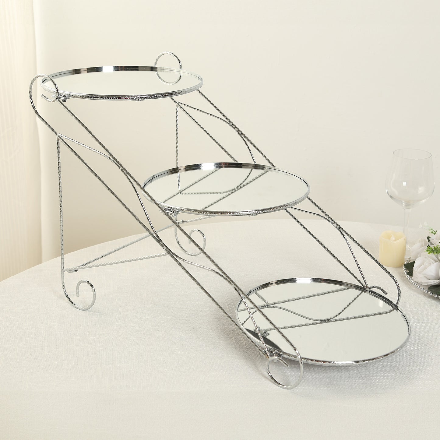 Silver 3-tier cupcake stand with mirror trays, perfect for desserts and serving.