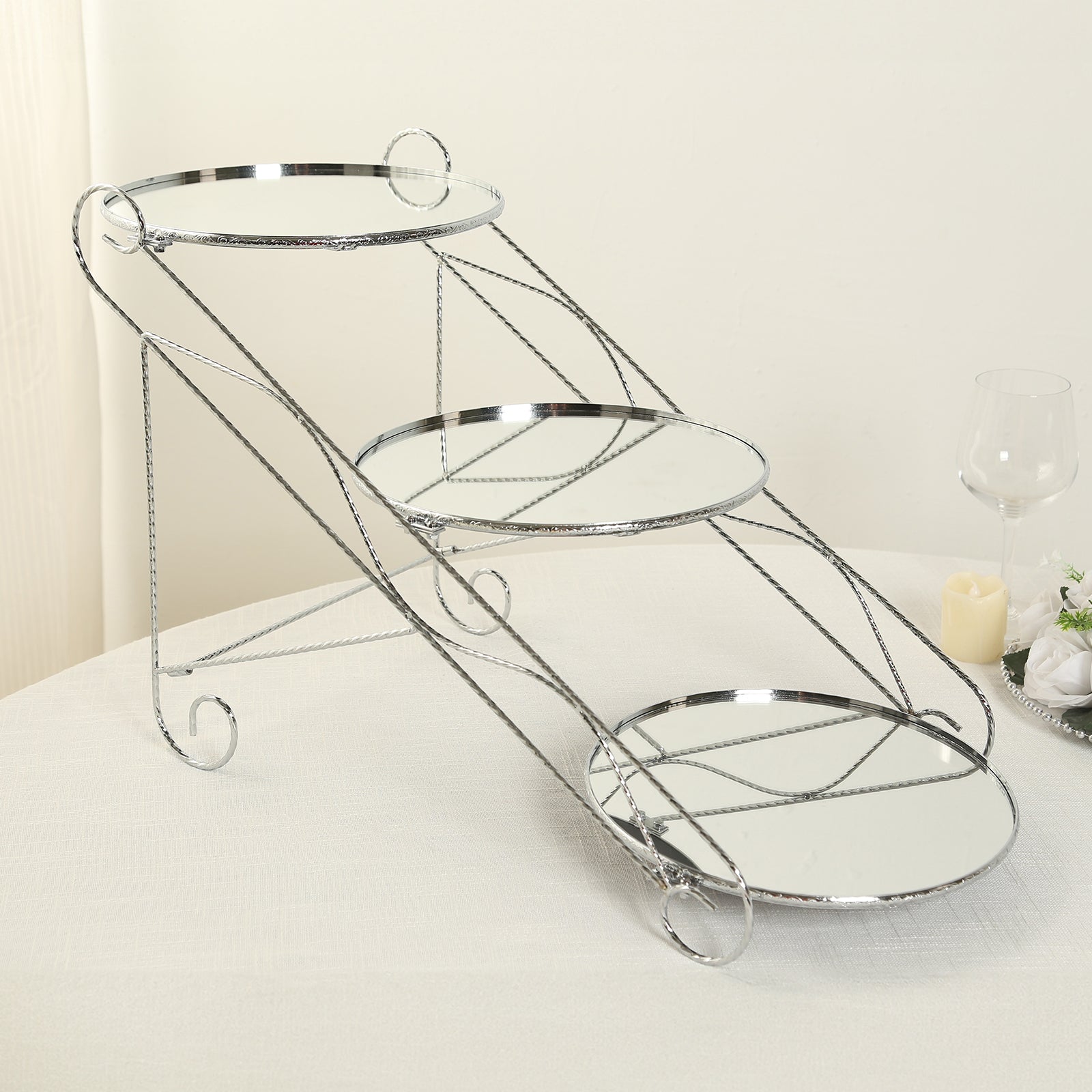 Silver 3-tier cupcake stand with mirror trays, perfect for desserts and serving.