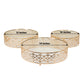Set of 3 ornate gold metal cake stands with glass tops, stackable dessert trays.