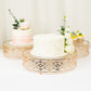 Gold ornate cake stands with glass tops, perfect for desserts at weddings and parties.