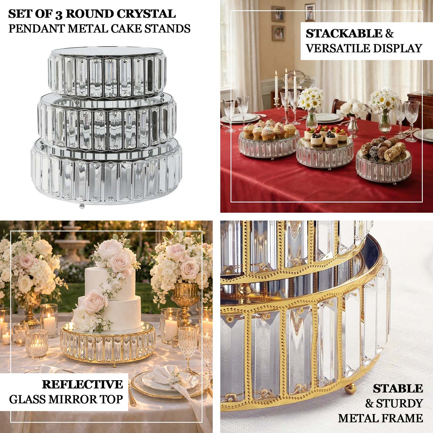Gold metal crystal pendant cake stands with mirror top, stackable dessert display trays.