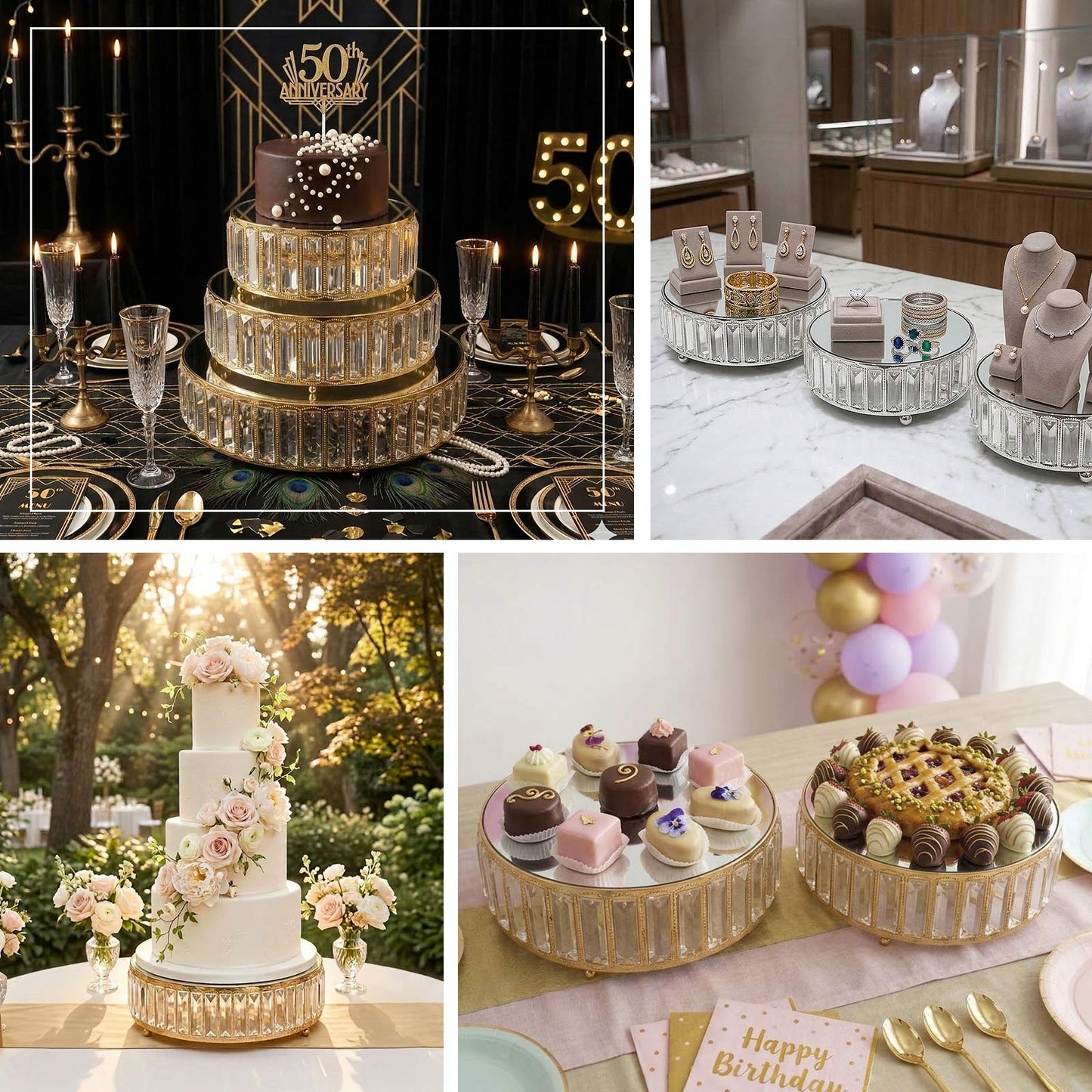 Gold metal crystal pendant cake stands with mirror tops, stackable dessert display trays.