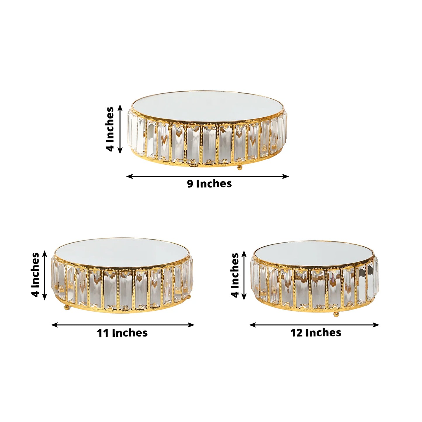 Gold metal crystal pendant cake stands with mirror tops, stackable dessert displays.