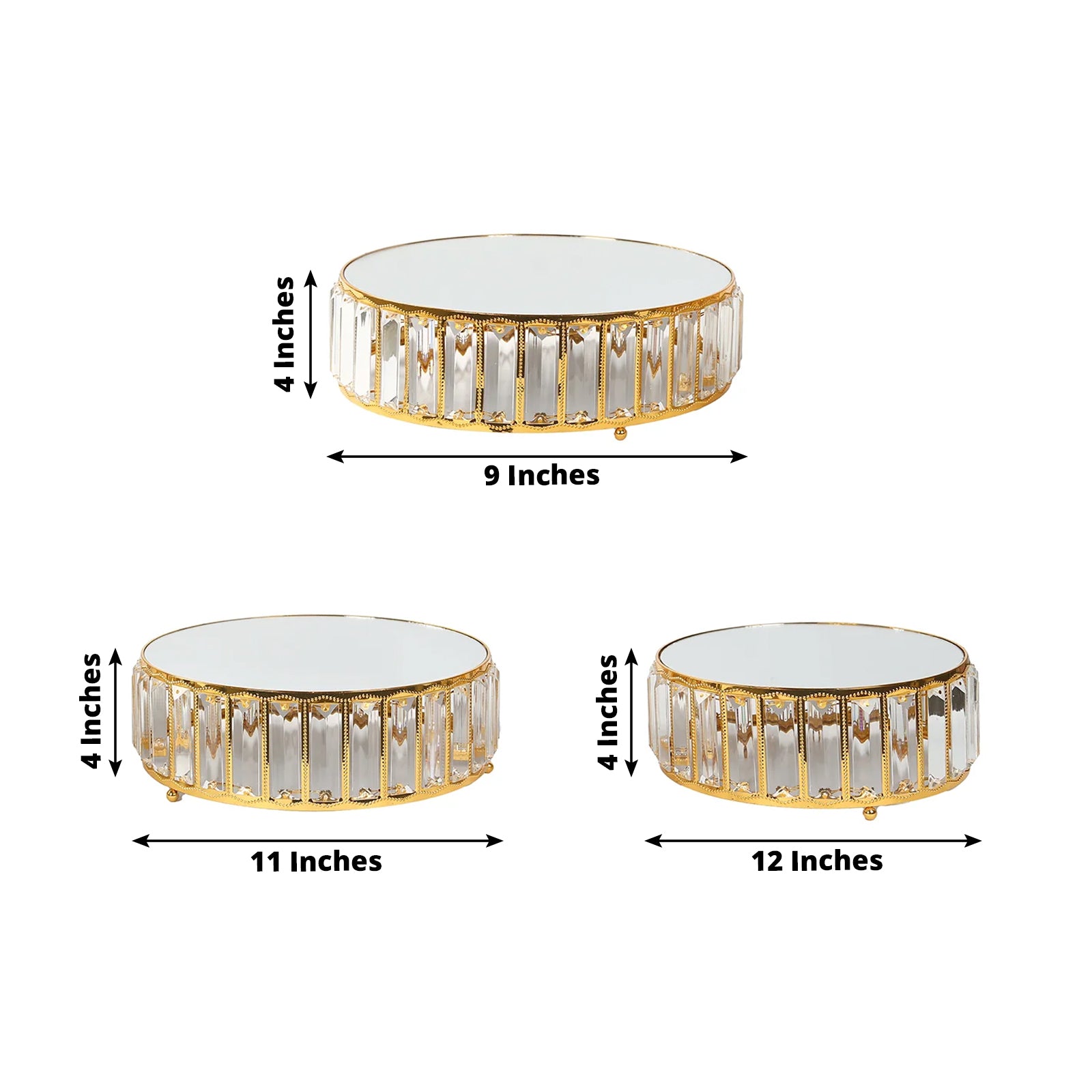 Gold metal crystal pendant cake stands with mirror tops, stackable dessert displays.