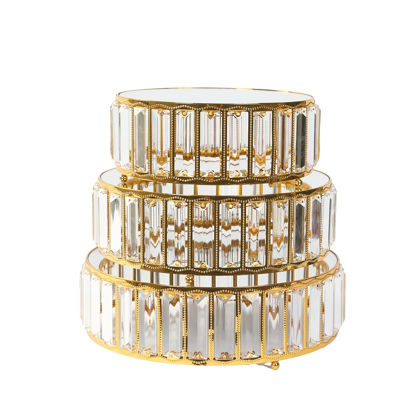 Gold metal crystal pendant cake stands with mirror top, stackable dessert display trays.