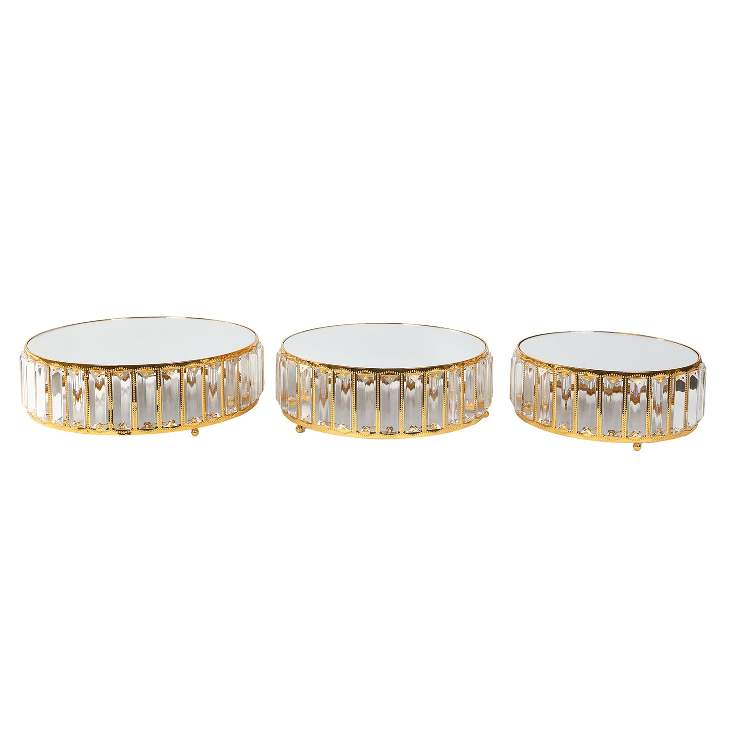 Gold metal crystal pendant cake stands with mirror tops, stackable dessert trays.