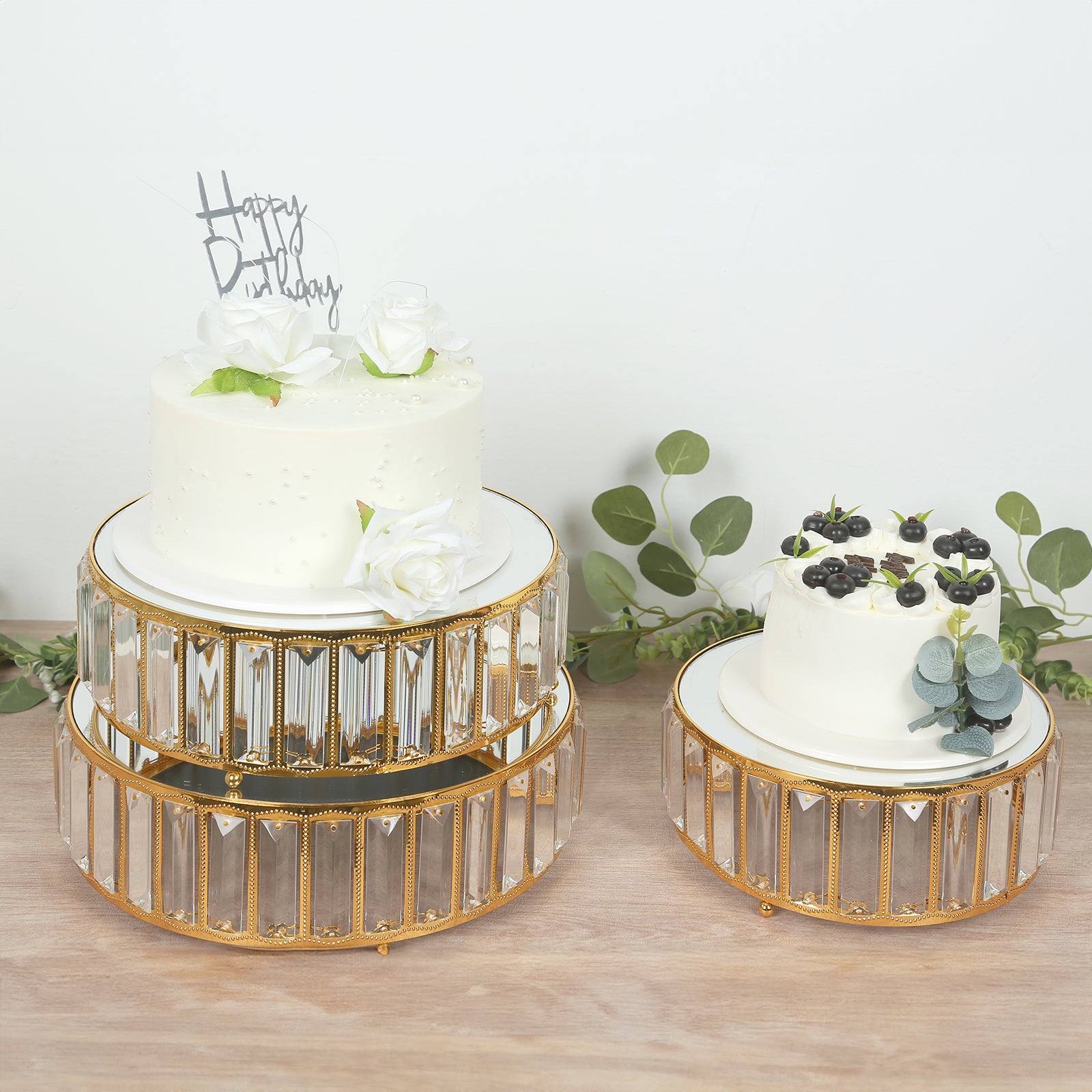 Gold metal crystal pendant cake stands with mirror tops, stackable dessert display trays.
