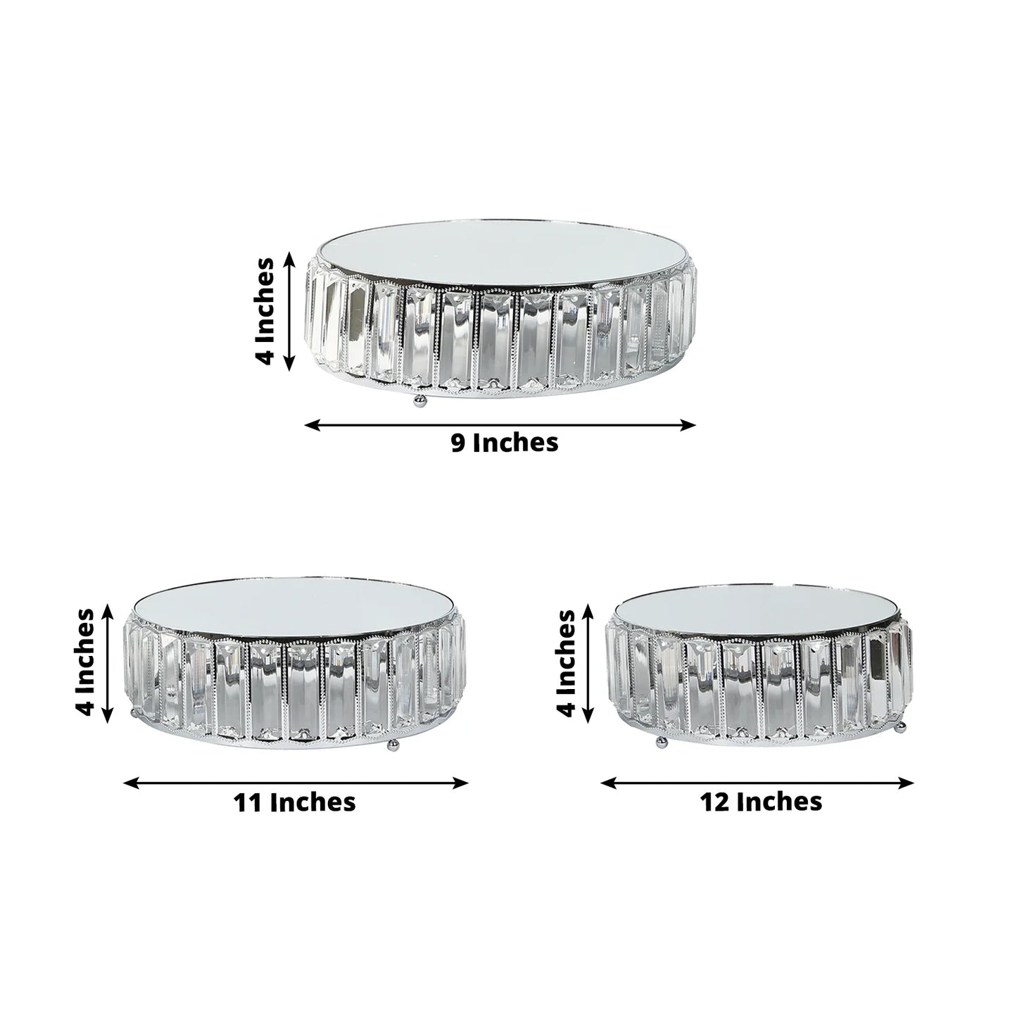 Set of 3 silver metal crystal pendant cake stands with mirror tops.