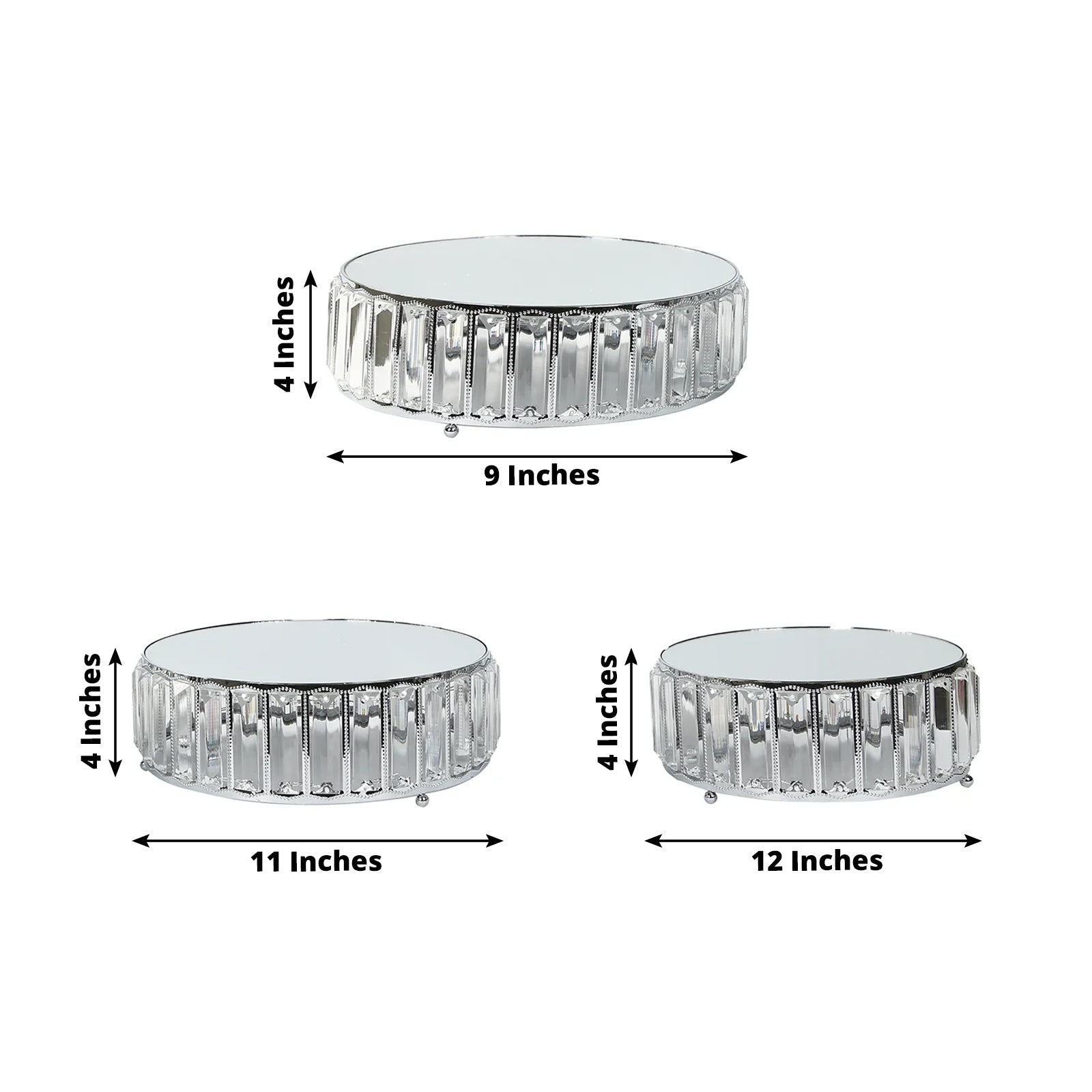 Set of 3 silver metal crystal pendant cake stands with mirror tops.