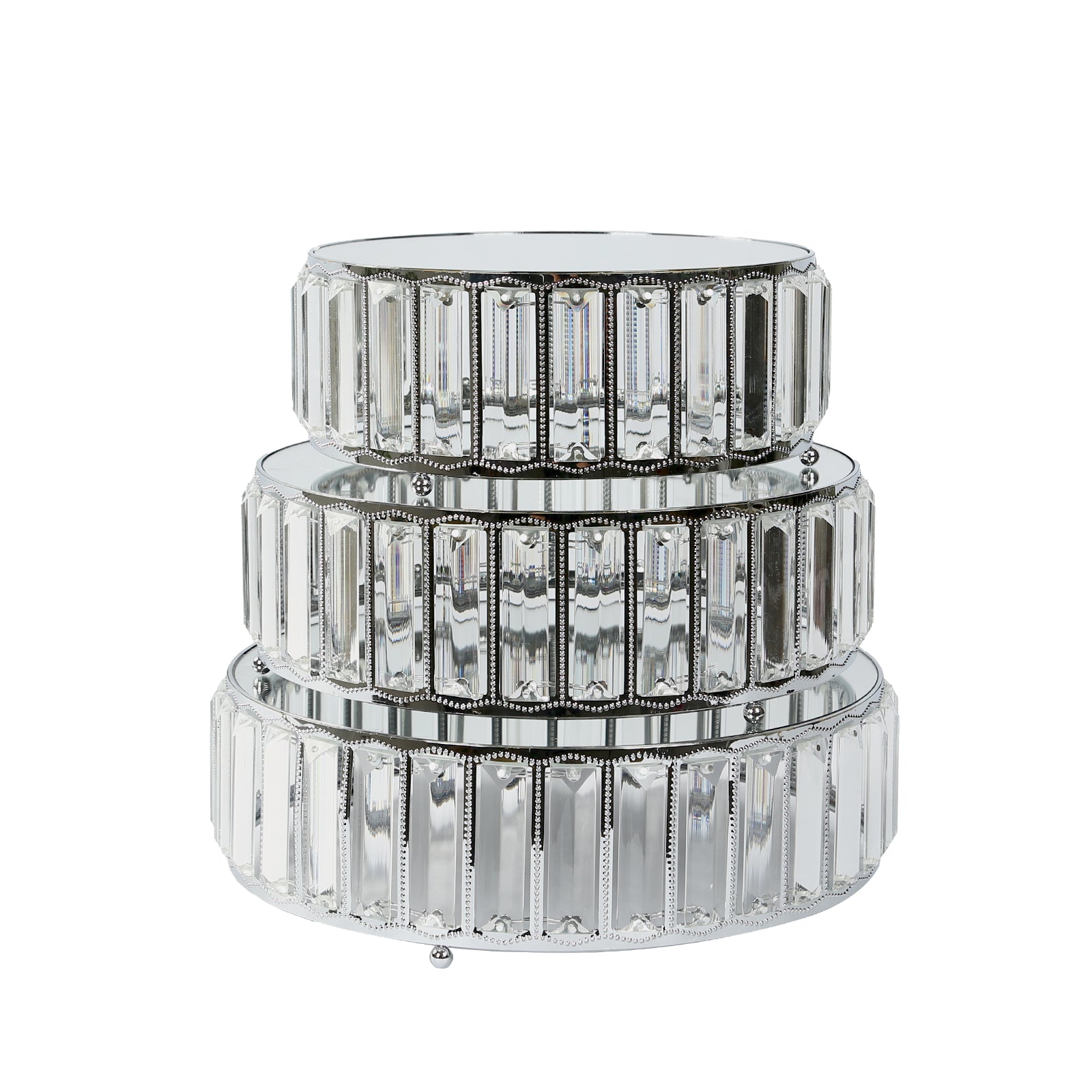 Set of 3 silver metal crystal pendant cake stands with mirror tops.