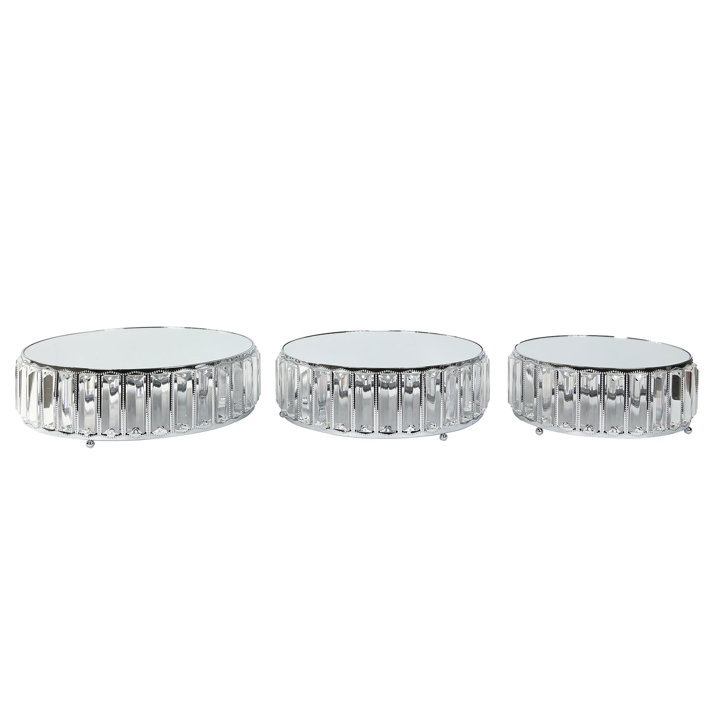 Set of 3 silver metal crystal pendant cake stands with mirror tops, stackable trays.