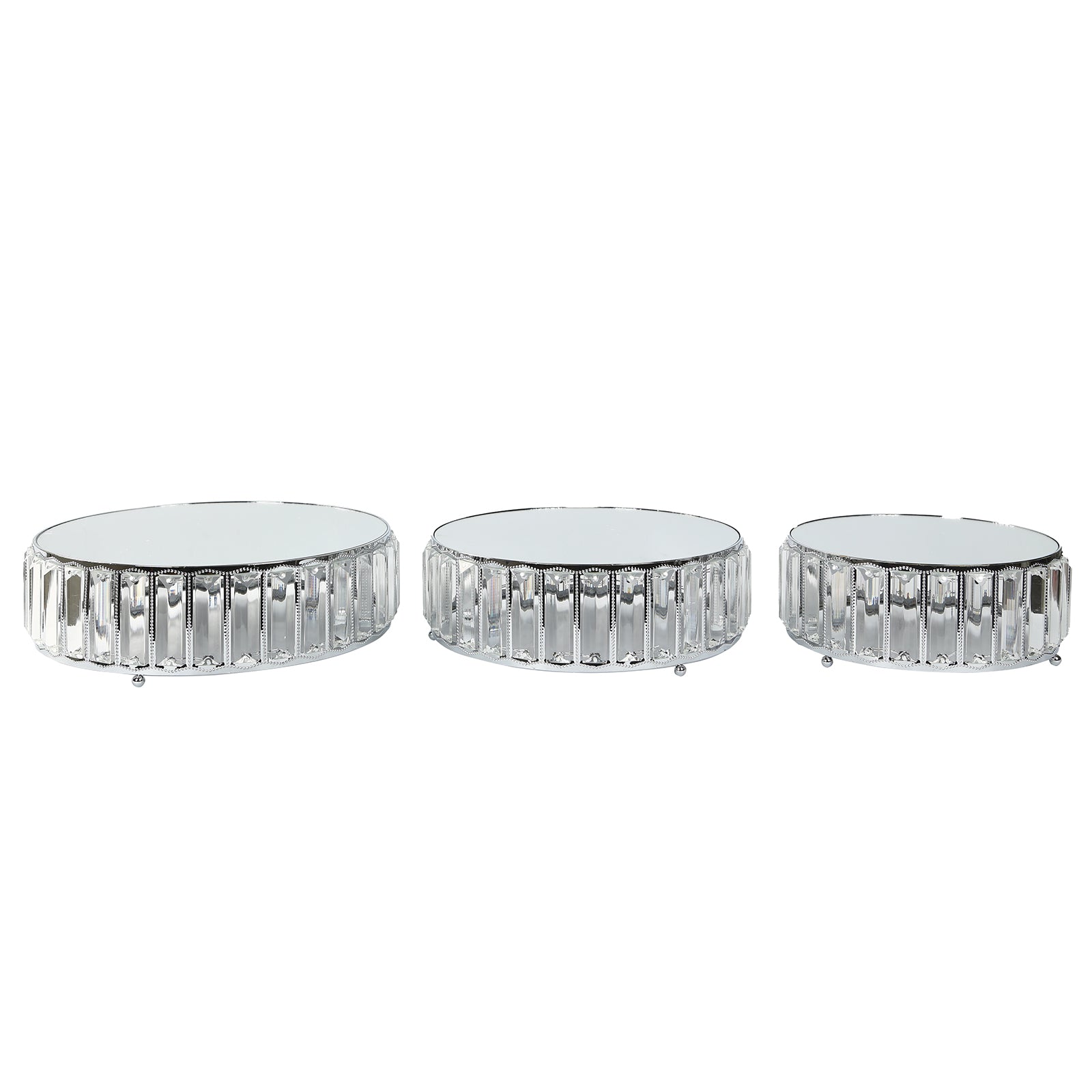 Set of 3 silver metal crystal pendant cake stands with mirror tops, stackable trays.