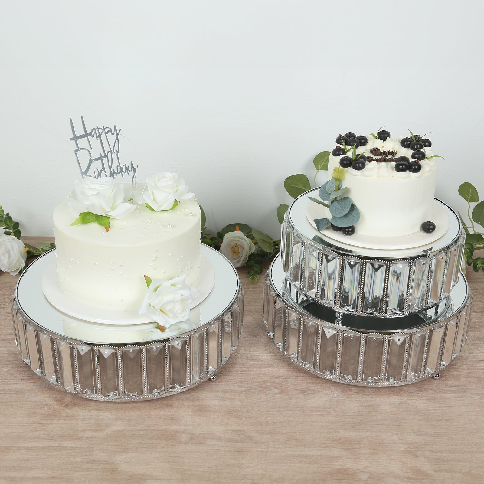 Silver metal crystal pendant cake stands with mirror tops, stackable dessert display trays.