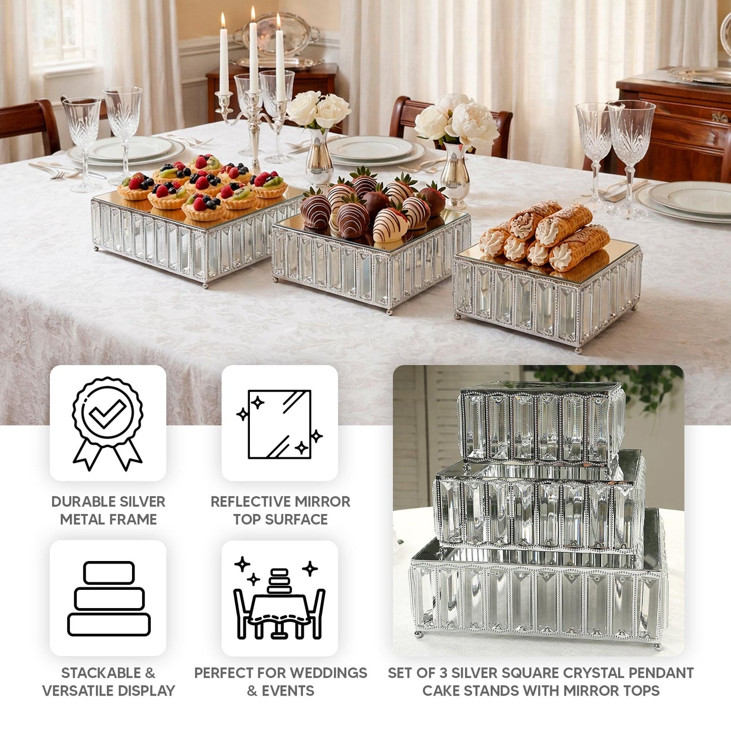 Silver stackable crystal pendant cake stands with mirror tops, perfect for dessert display.