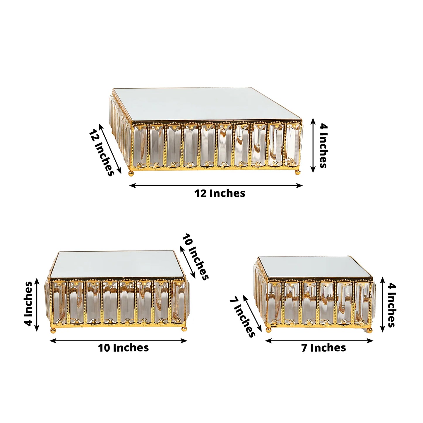 Gold metal crystal pendant cake stands with mirror tops, stackable dessert display trays.