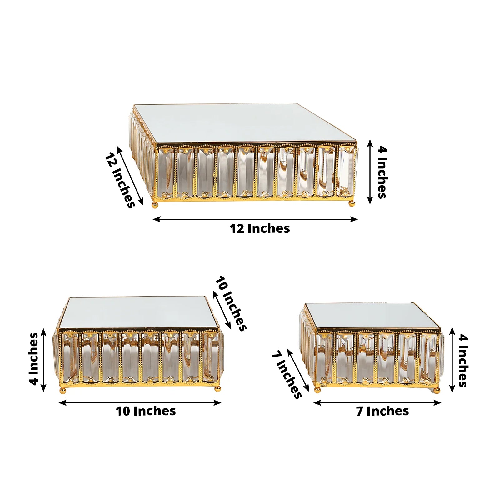Gold metal crystal pendant cake stands with mirror tops, stackable dessert display trays.