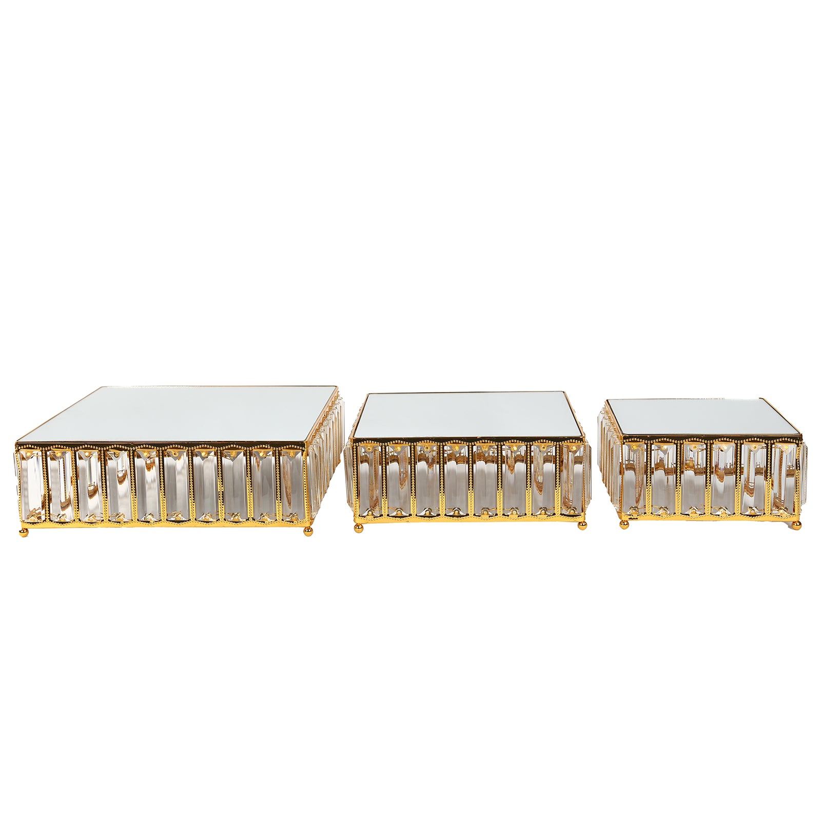 Gold metal crystal pendant cake stands with mirror tops, stackable dessert display trays.