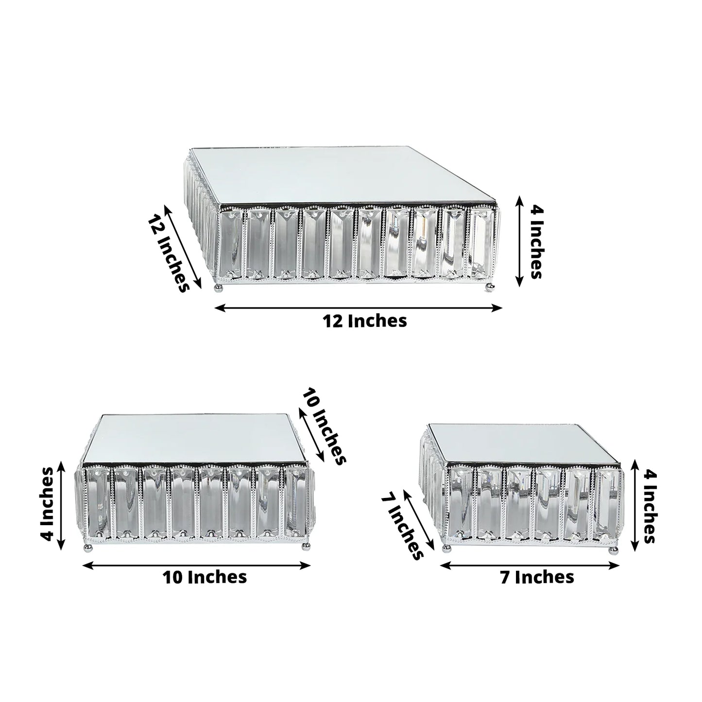 Set of 3 silver metal crystal pendant cake stands with mirror tops.