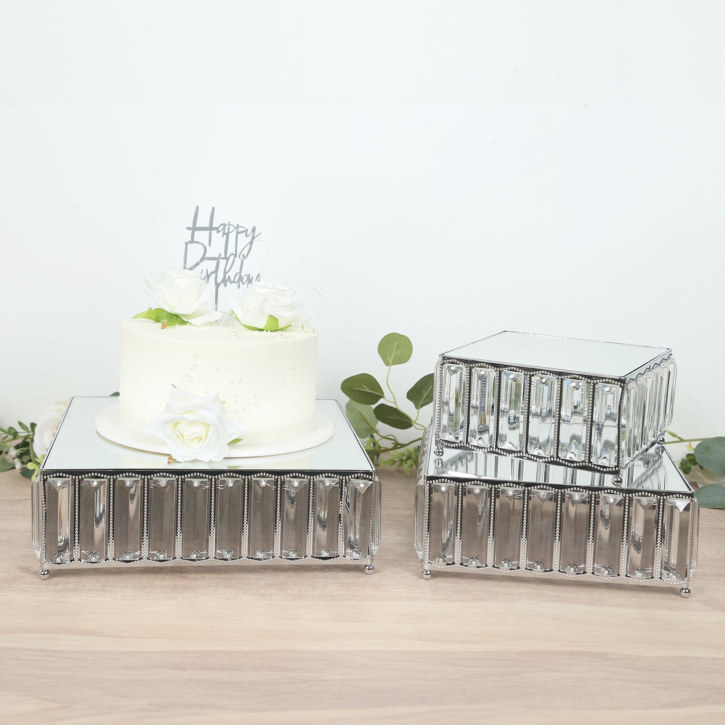 Set of 3 silver metal crystal pendant cake stands with mirror tops.