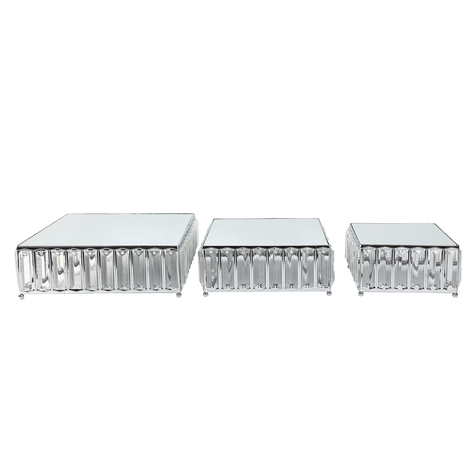 Set of 3 silver metal crystal pendant cake stands with mirror tops.