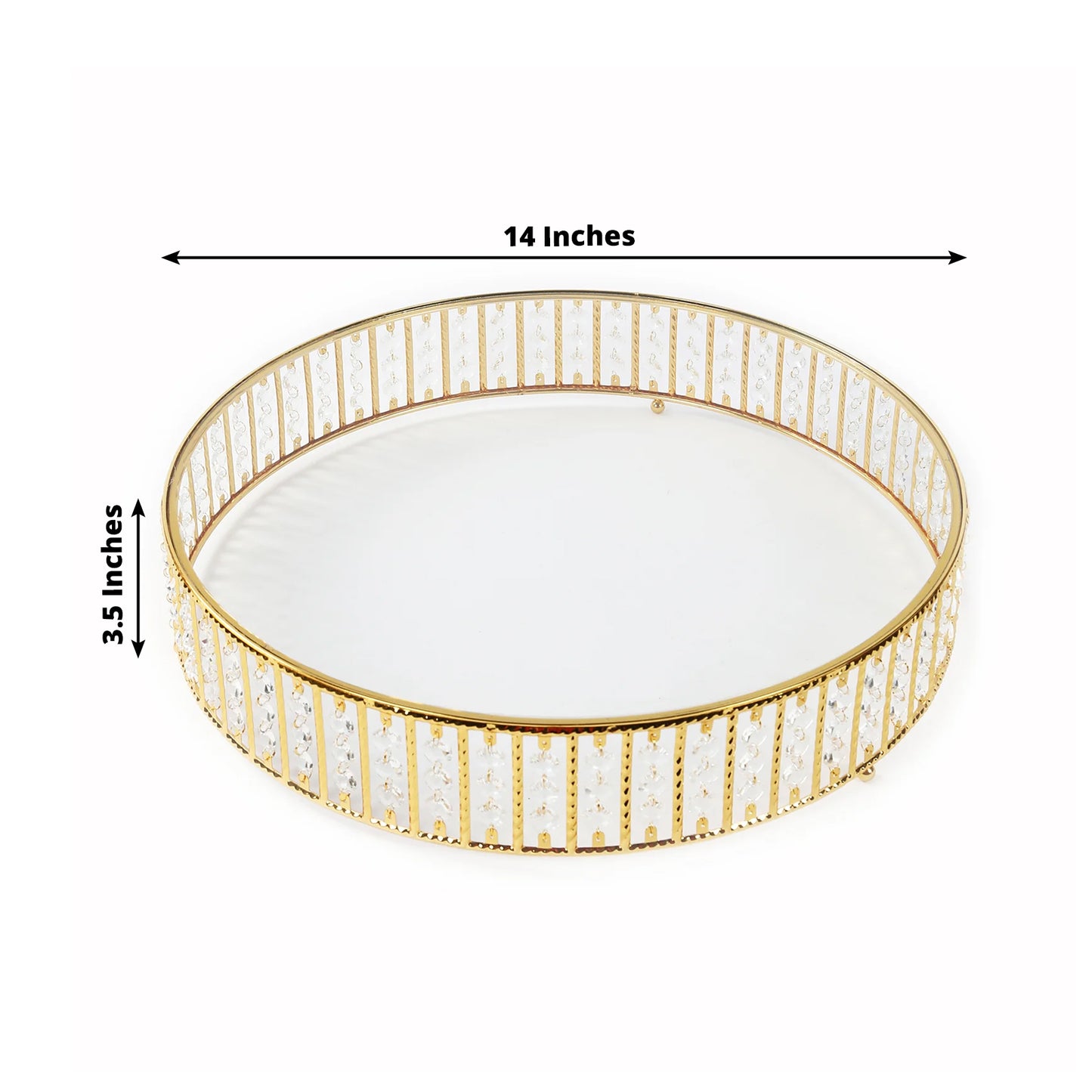 Gold round cake stand with hanging crystal beads and glass top, 14 inches.