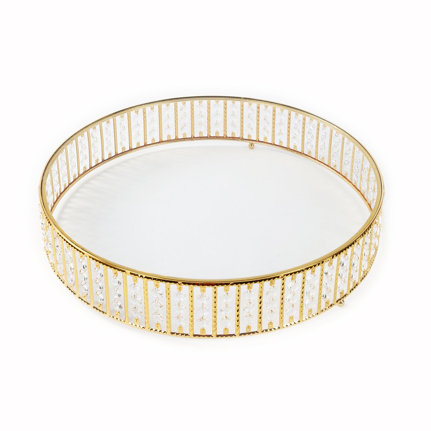 14" round gold cake stand with hanging crystal beads and glass top.
