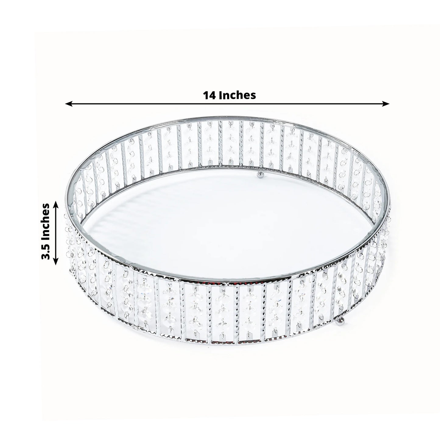 Silver round cake stand with hanging crystal beads and glass top, 14 inches.
