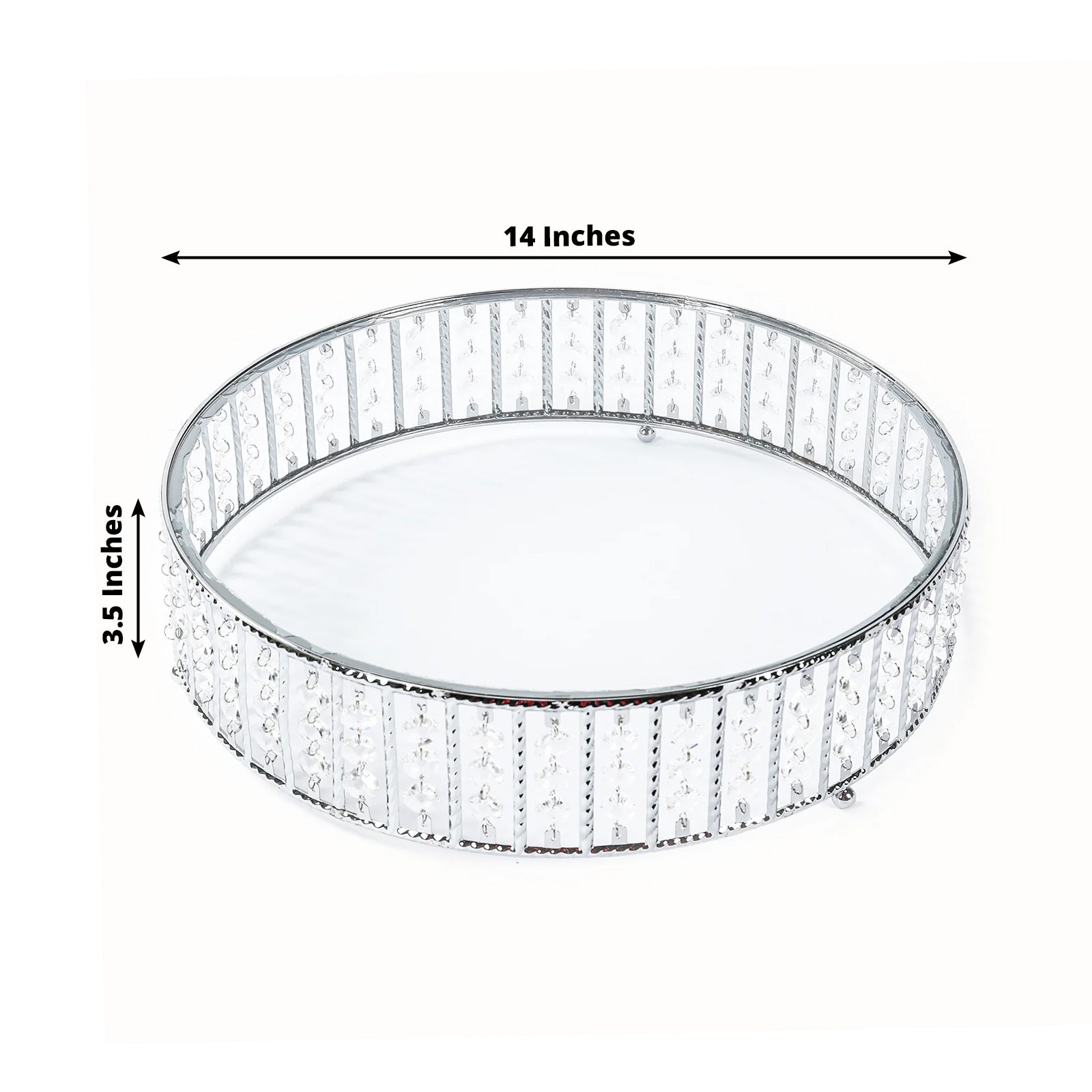 Silver round cake stand with hanging crystal beads and glass top, 14 inches.