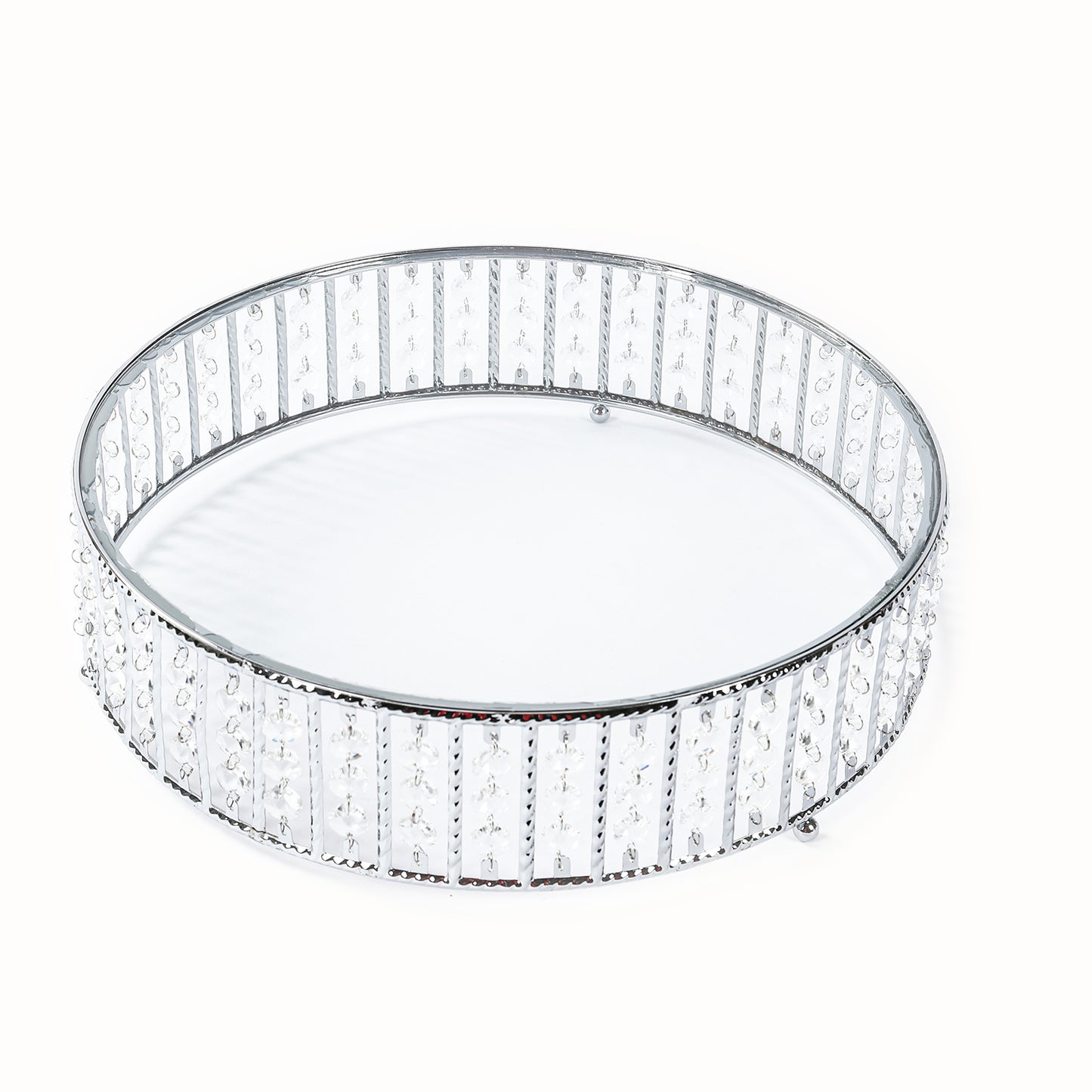 14" round silver cake stand with crystal beads and glass top.
