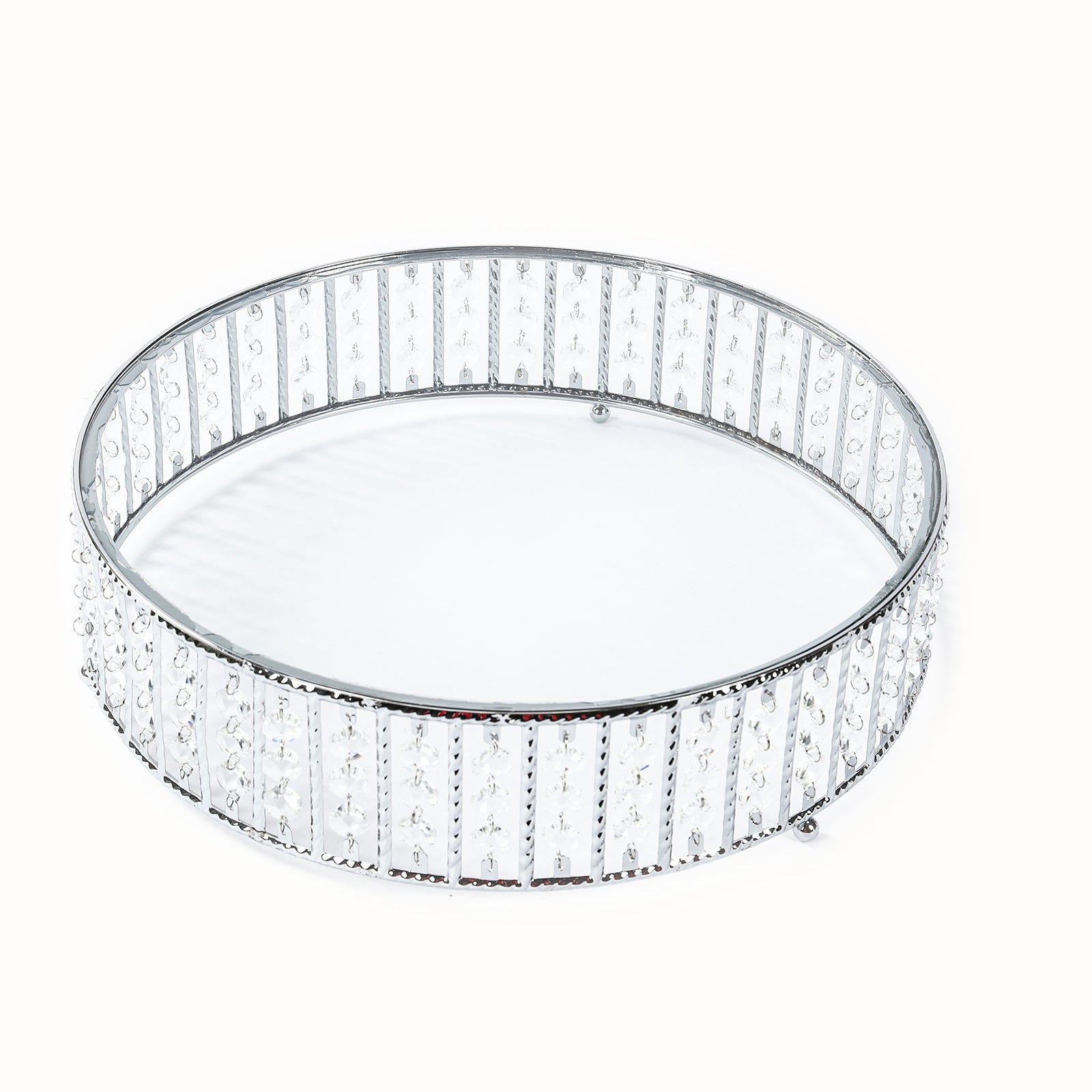 14" round silver cake stand with crystal beads and glass top.