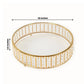 Gold round cake stand with hanging crystal beads and glass top.