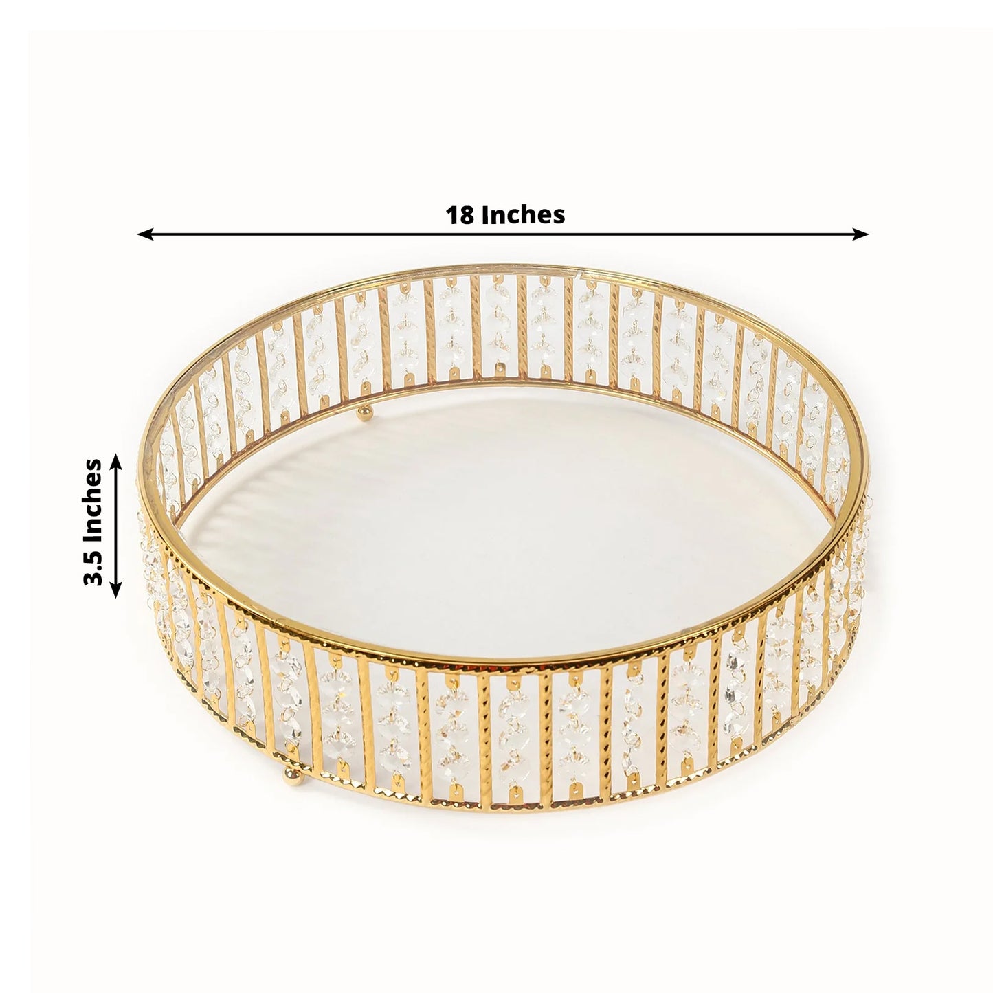Gold round cake stand with hanging crystal beads and glass top.