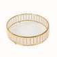 18" round gold cake stand with hanging crystal beads and glass top.