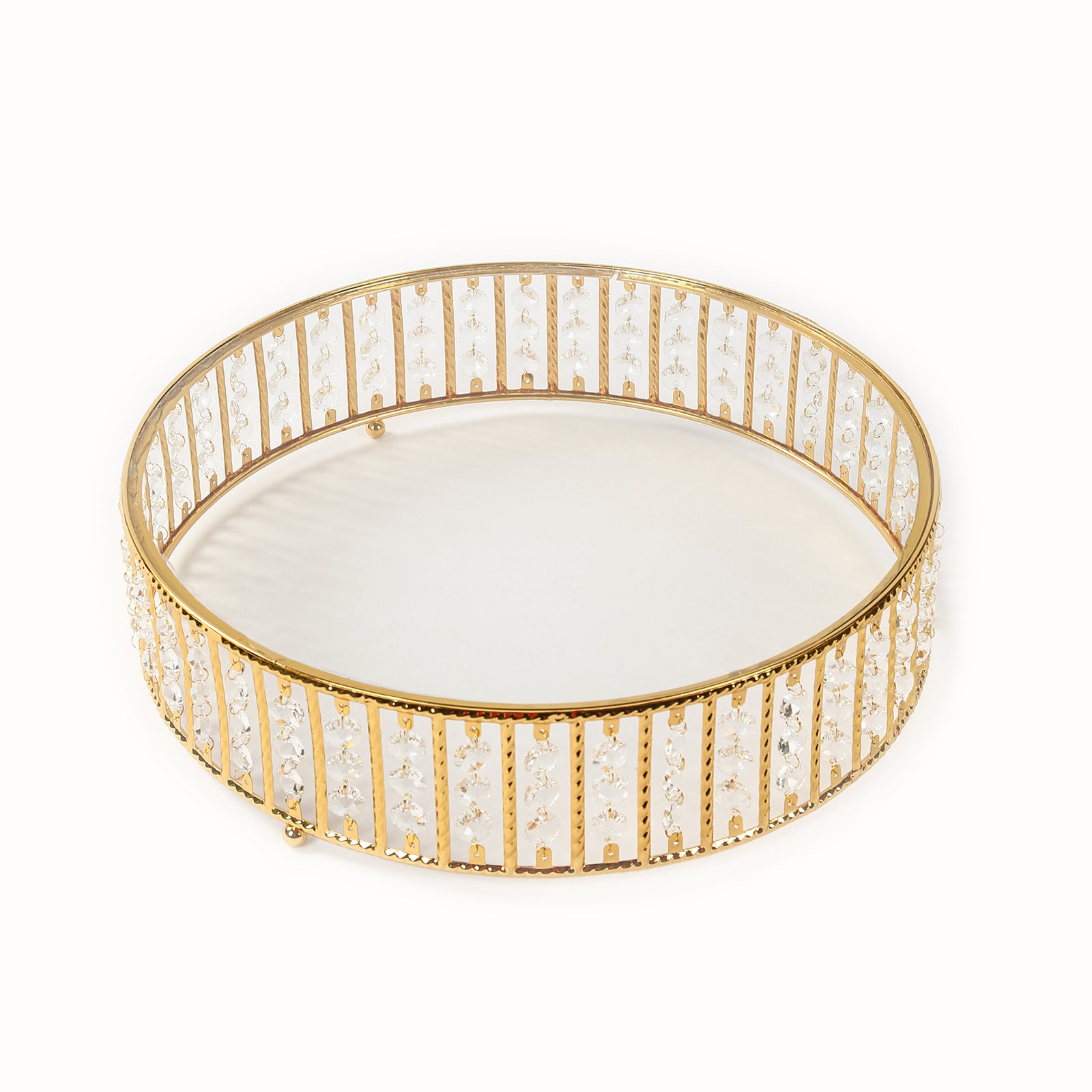 18" round gold cake stand with hanging crystal beads and glass top.