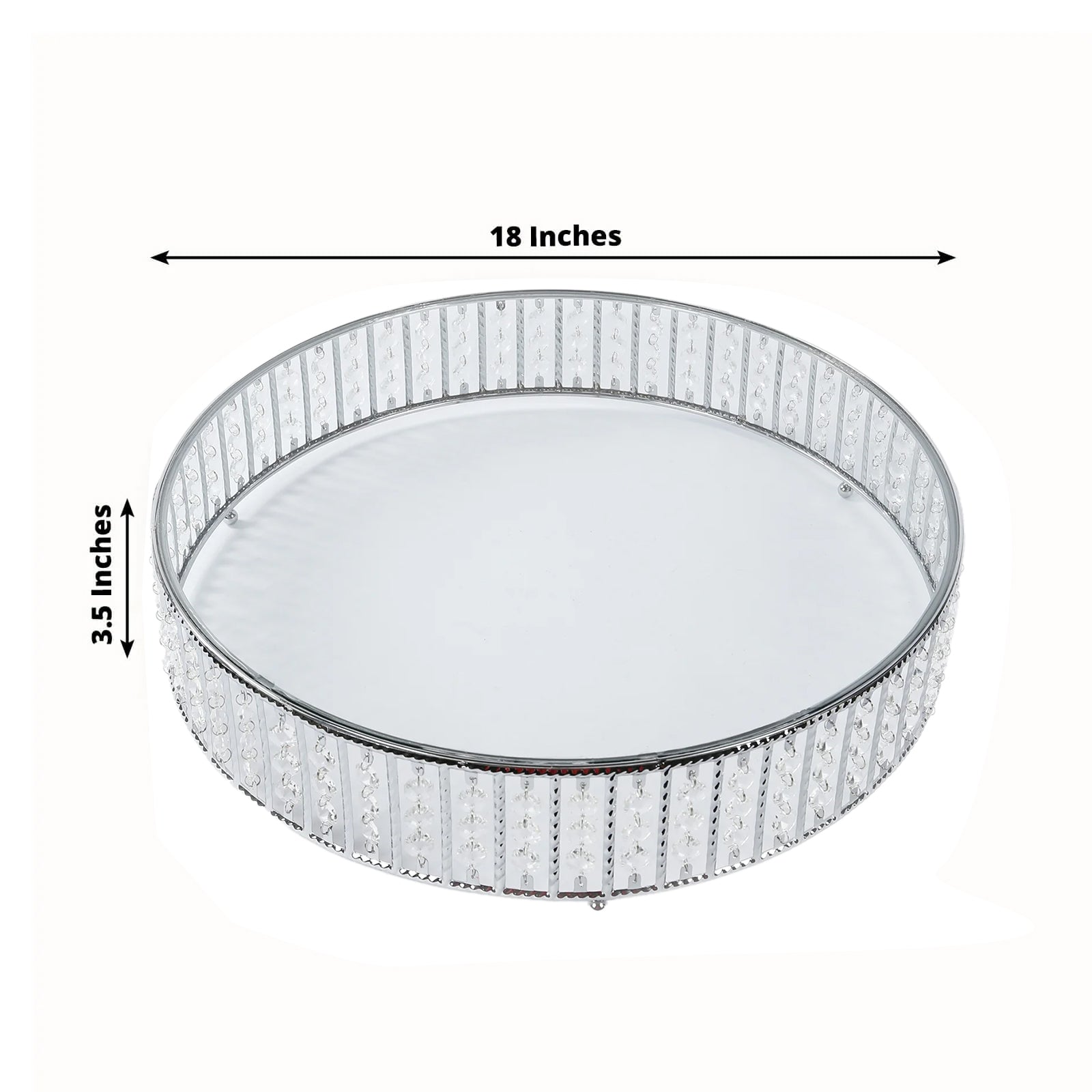 Silver cake stand with hanging crystal beads and glass top, 18 inches round.