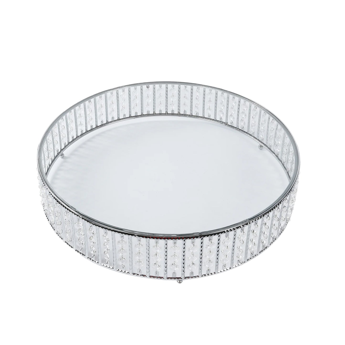 Silver round cake stand with hanging crystal beads and glass top.