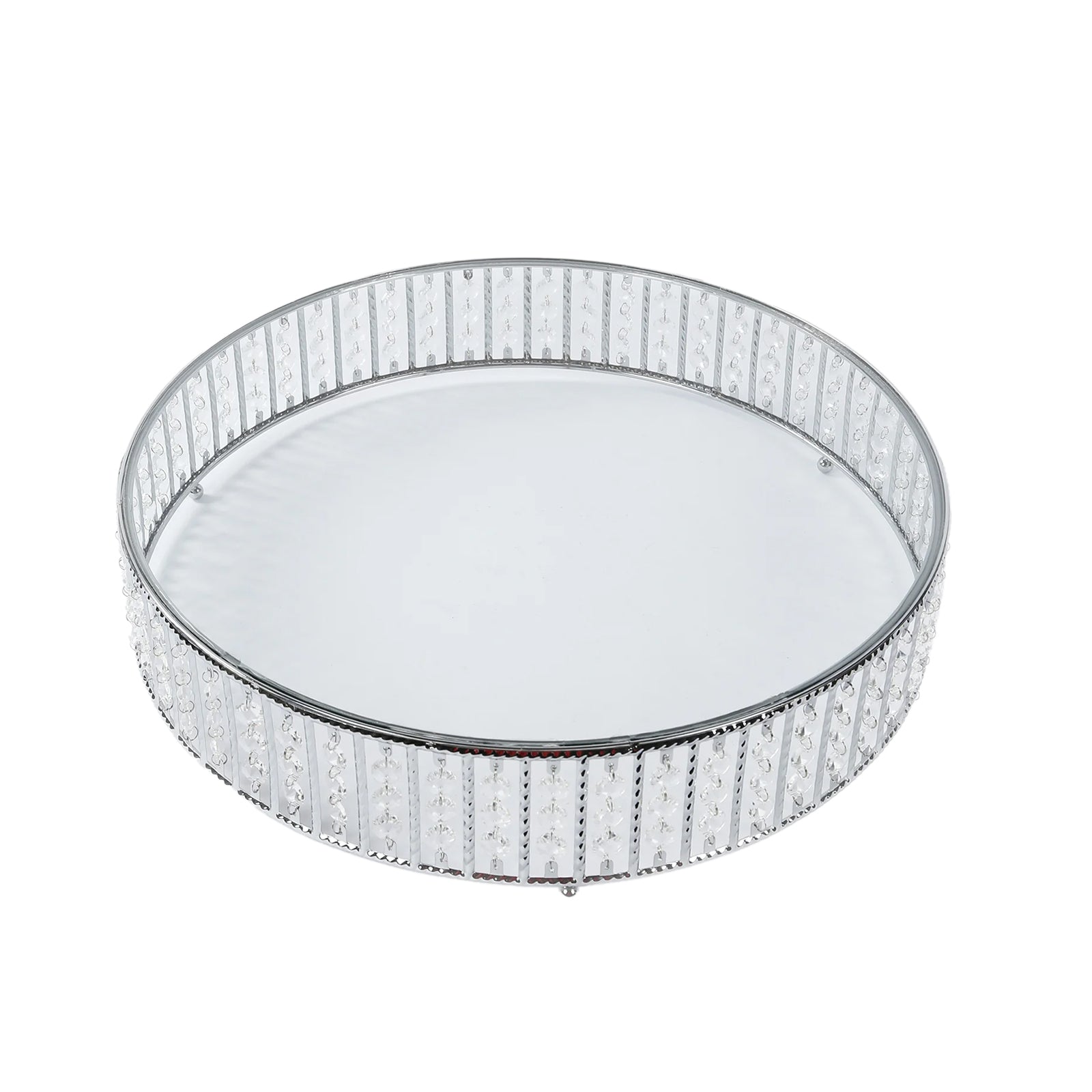 Silver round cake stand with hanging crystal beads and glass top.