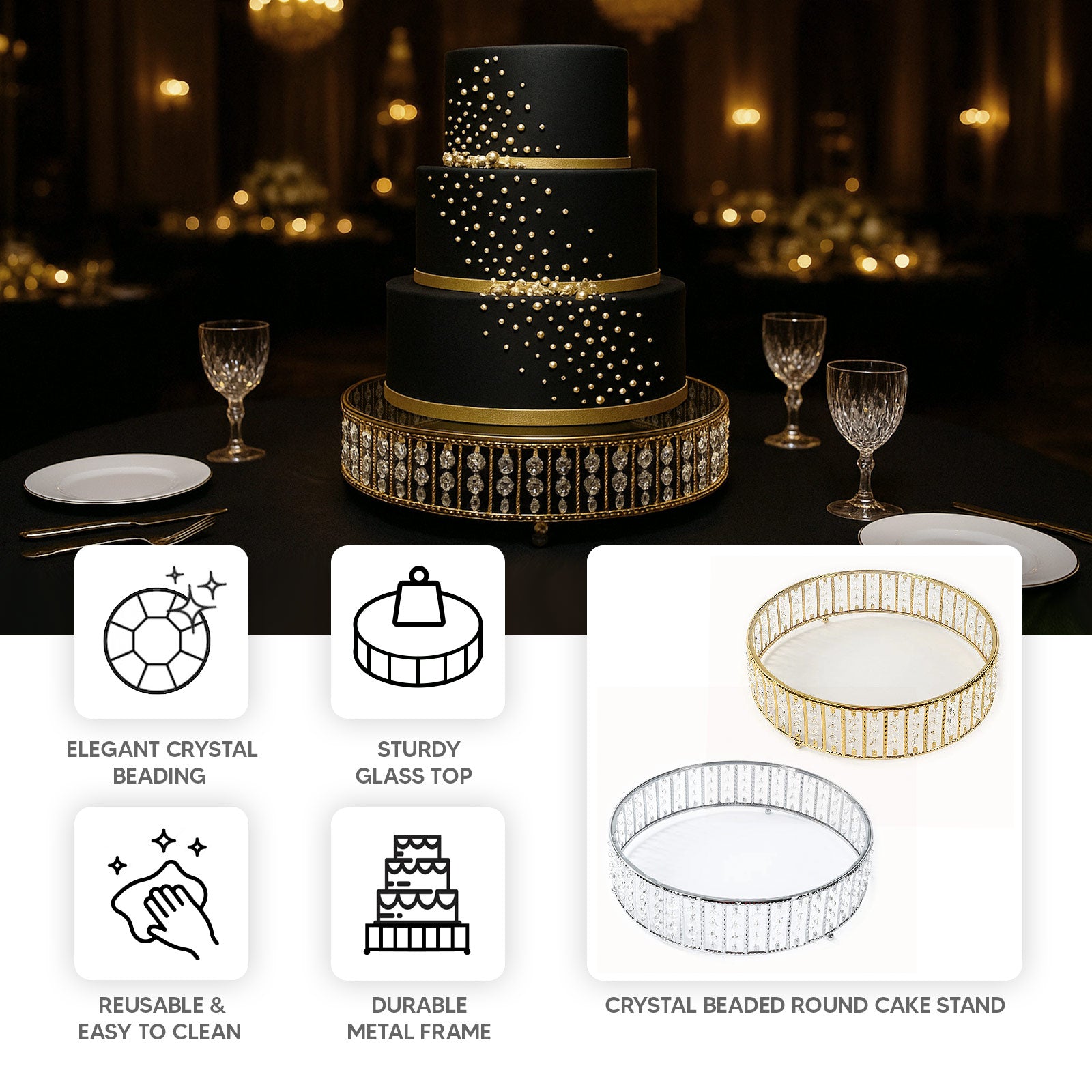 Silver cake stand with hanging crystal beads and glass top.