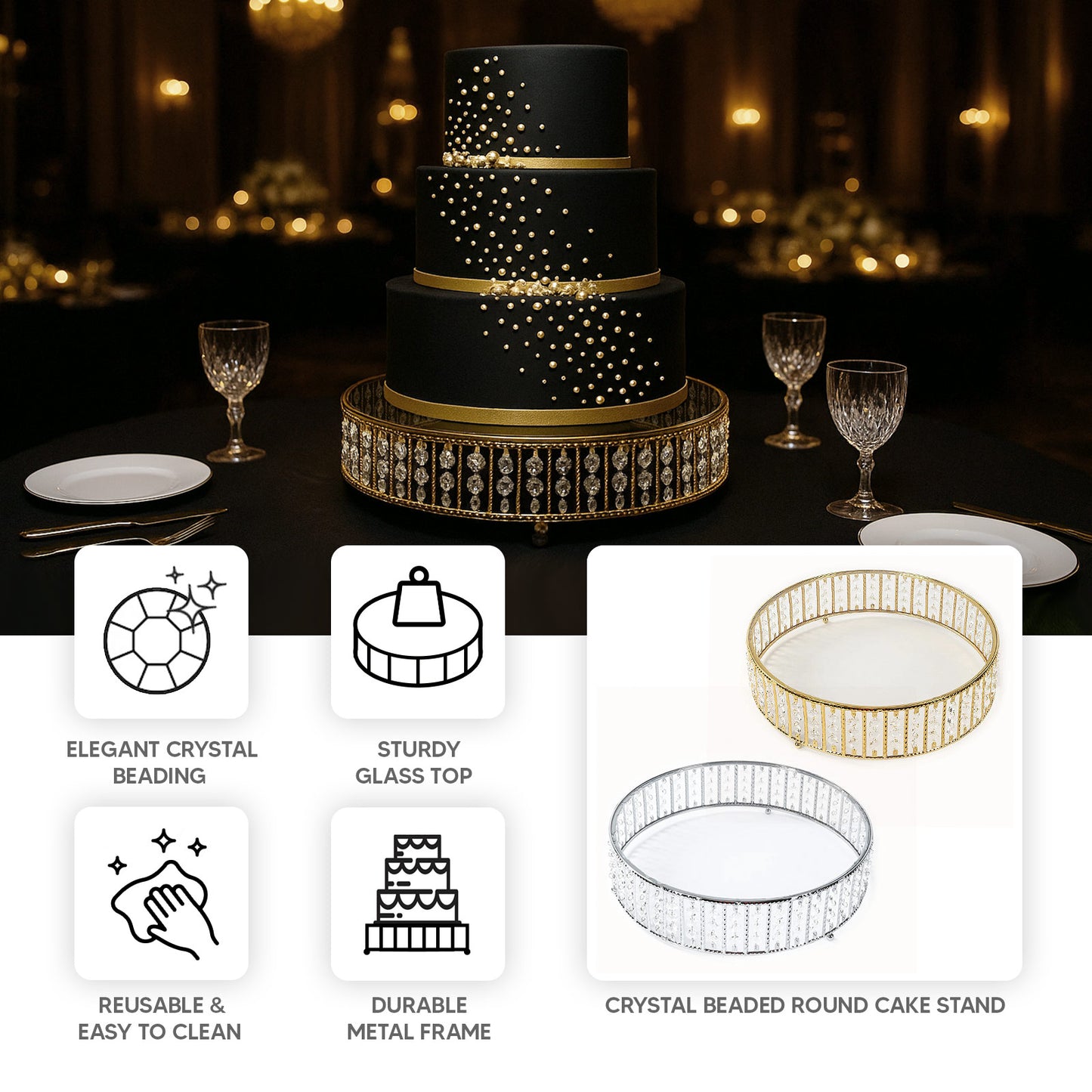14" Round Silver Cake Stand with Crystal Beads and Glass Top on a black table.