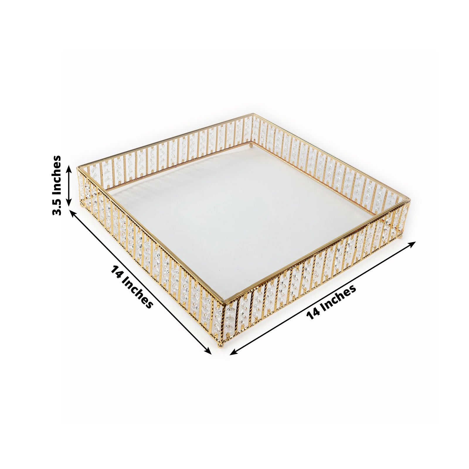 Gold square cake stand with hanging crystal beads and glass top, 14 inches.