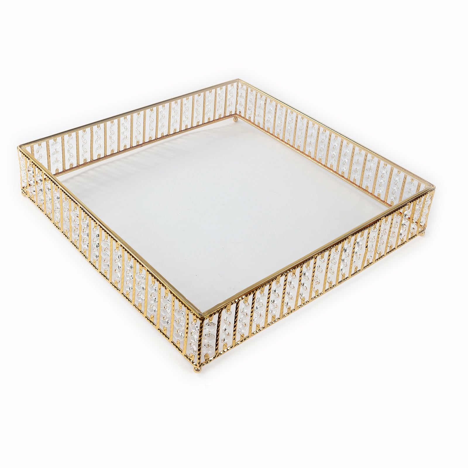 14" square gold cake stand with hanging crystal beads and glass top.