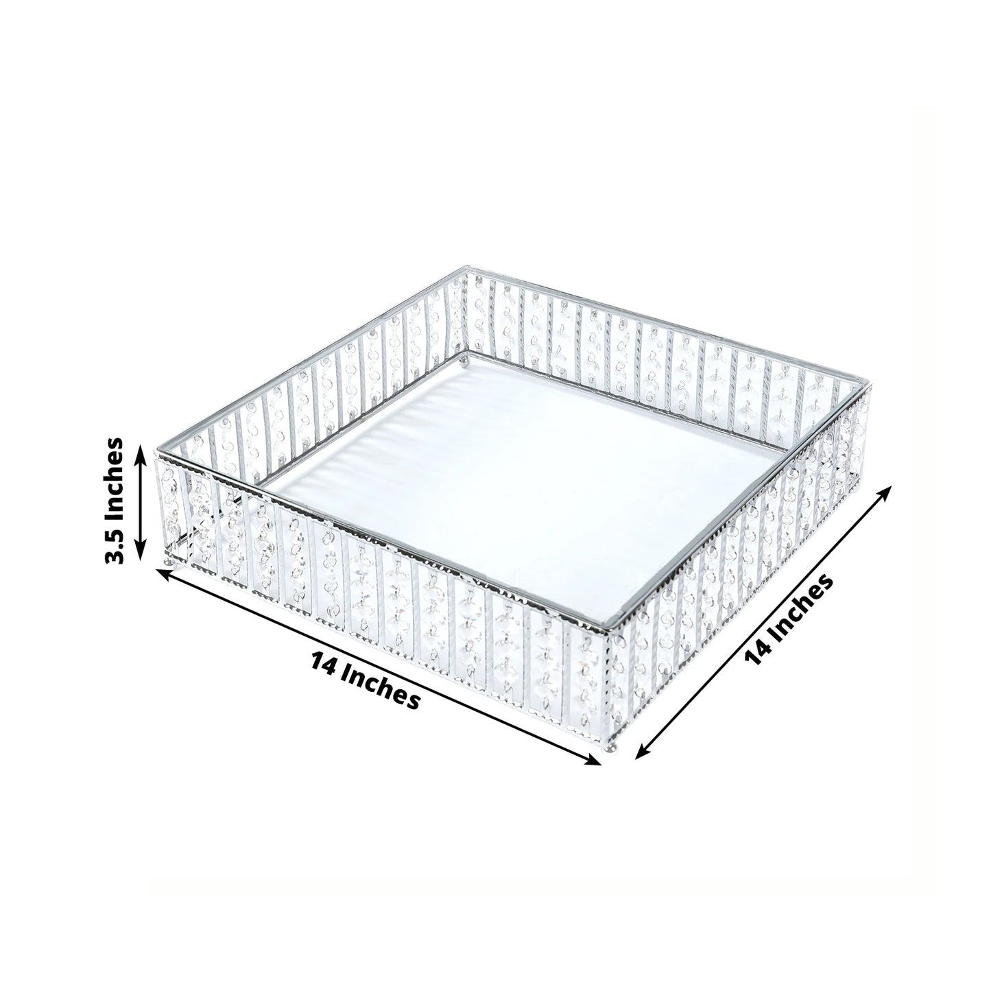14" square silver cake stand with hanging crystal beads and glass top.